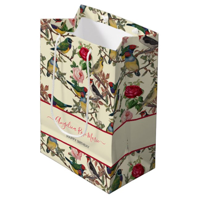 Vintage Cream Victorian Floral Birds Medium Gift Bag (Front Angled)