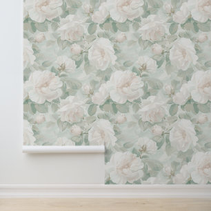 Vintage creamy roses & pastel green petals wallpaper
