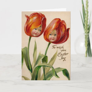 Vintage Creepy Flower Faces Easter Card