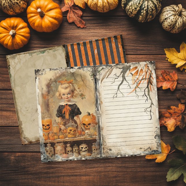 Vintage Creepy Girl Halloween Junk Journal Page (Vintage Halloween Junk Journal Page featuring a creepy girl and skulls)