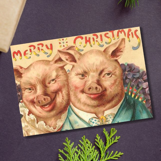 Vintage Creepy Pigs Christmas Couple Holiday Card (Creator Uploaded)