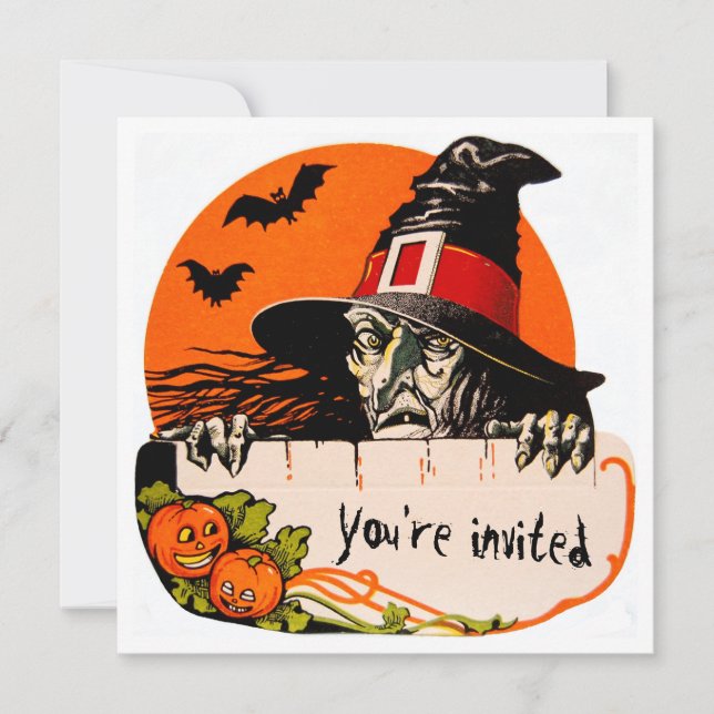 Vintage Creepy Witch Halloween Party Invitation (Front)