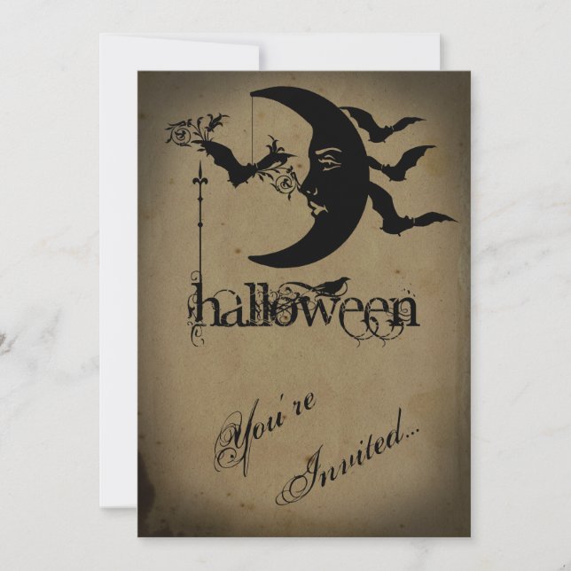Vintage Crescent Moon and Bats Halloween Party Invitation (Front)
