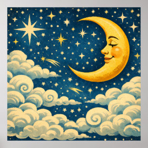 Vintage Crescent Moon Night Sky Poster