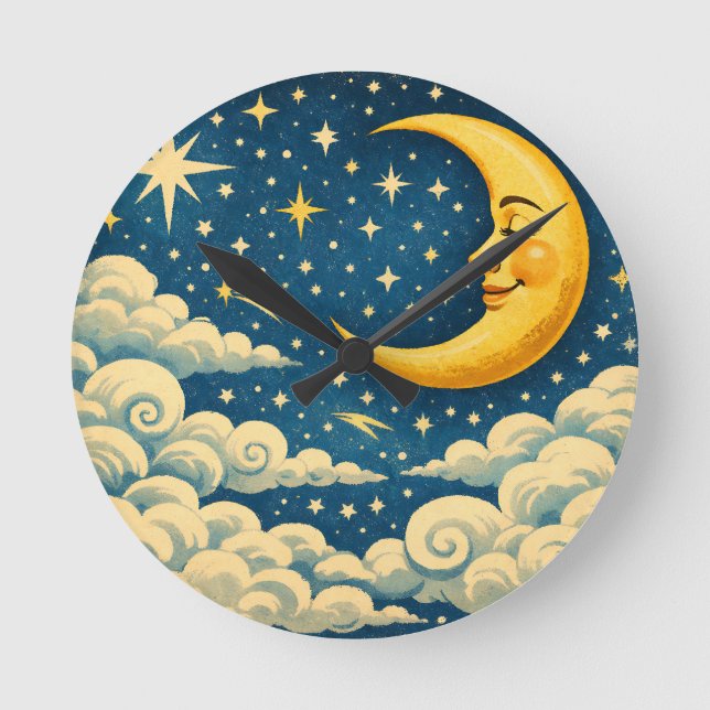 Vintage Crescent Moon Night Sky Round Clock (Front)