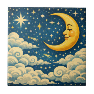 Vintage Crescent Moon Night Sky Tile