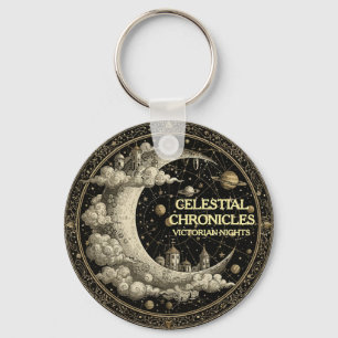 Vintage Crescent Moon with Clouds, Retro Victorian Key Ring