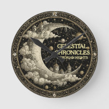 Vintage Crescent Moon with Clouds. Retro Victorian