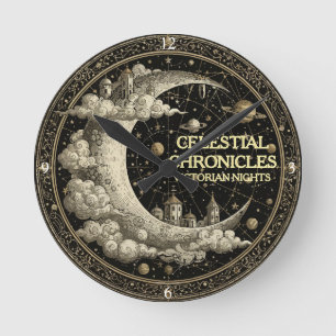 Vintage Crescent Moon with Clouds. Retro Victorian Round Clock