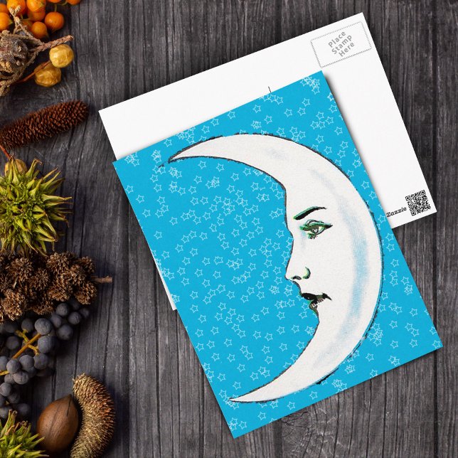 Vintage Crescent White Moon Face White Stars Postcard (Fantasy white crescent moon with Gothic face surrounded by stars on bright blue postcard.)