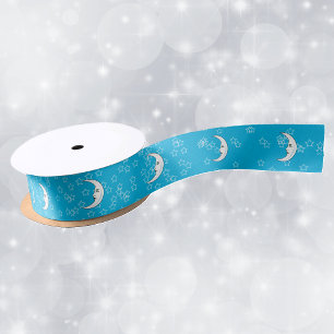 Vintage Crescent White Moon Face White Stars Satin Ribbon