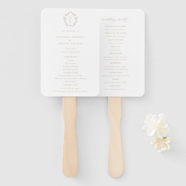 Vintage Crest Beige Monogram Wedding Program Hand Fan (Front and Back)
