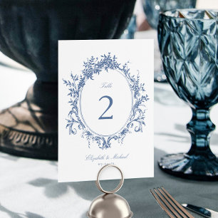Vintage Crest Botanical Formal Blue Wedding Table Number