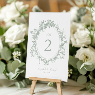 Vintage Crest Botanical Sage Green Wedding Table Number