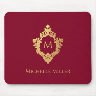 Vintage Crest Burgundy Faux Gold Elegant Monogram  Mouse Mat