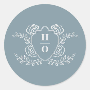 Vintage Crest Floral Monogram Blue Wedding Classic Round Sticker