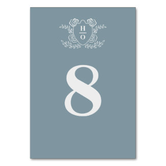 Vintage Crest Floral Monogram Blue Wedding Table Number