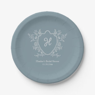 Vintage Crest Floral Monogram Bridal Shower Paper Plate