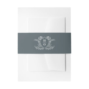 Vintage Crest Floral Monogram Dusty Blue Wedding Invitation Belly Band