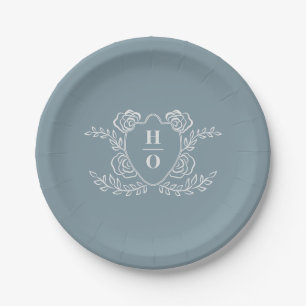 Vintage Crest Floral Monogram Wedding Paper Plate