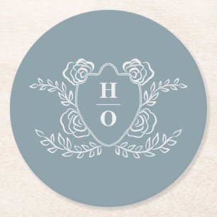 Vintage Crest Floral Monogram Wedding Round Paper Coaster