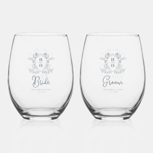 Vintage Crest Floral Partners Wedding Stemless Wine Glass