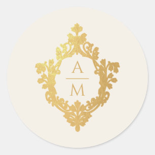 Vintage Crest  Ivory Gold Monogram Elegant Wedding Classic Round Sticker