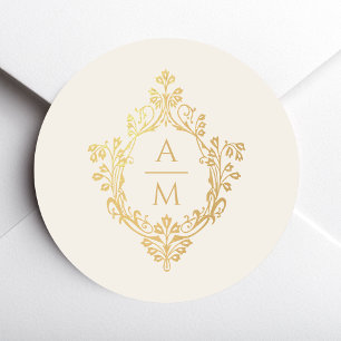 Vintage Crest  Ivory Gold Monogram Elegant Wedding Classic Round Sticker