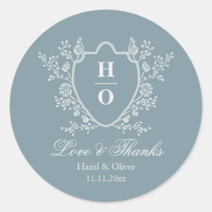 Vintage Crest Love and Thanks Blue Wedding Classic Round Sticker
