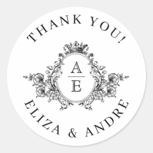 Vintage Crest Monogram Black and White Wedding Classic Round Sticker