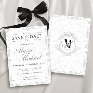 Vintage Crest Monogram Black White Floral Wedding Save The Date