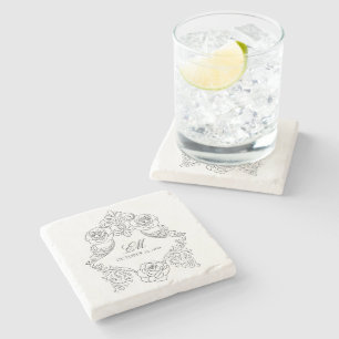 Vintage Crest Monogram Black & White Wedding Logo Stone Coaster