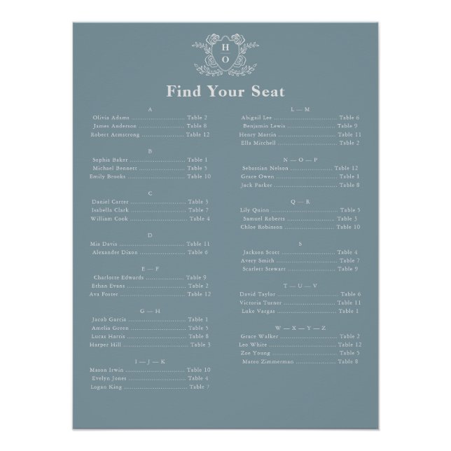 Vintage Crest Monogram Blue Seating Chart (Front)