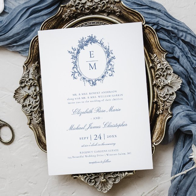 Vintage Crest Monogram Botanical Blue Wedding Invitation (Creator Uploaded)