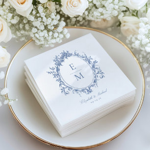 Vintage Crest Monogram Botanical Blue Wedding  Napkin