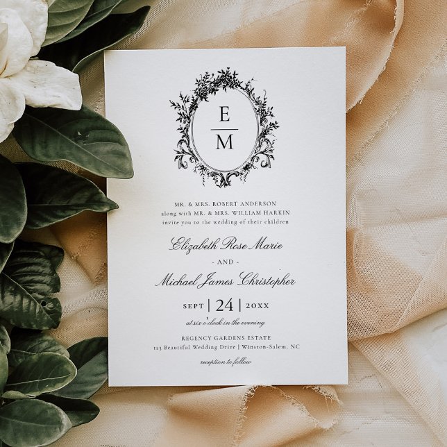 Vintage Crest Monogram Botanical Formal Wedding Invitation (Creator Uploaded)