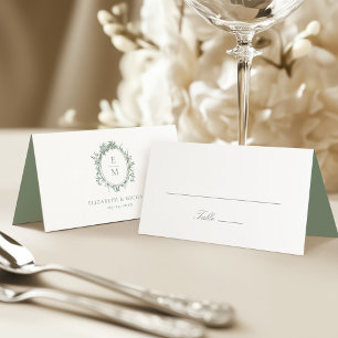 Vintage Crest Monogram Botanical Green Wedding Place Card