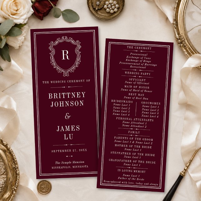 Vintage Crest Monogram Burgundy & Ivory Wedding Programme (Creator Uploaded)