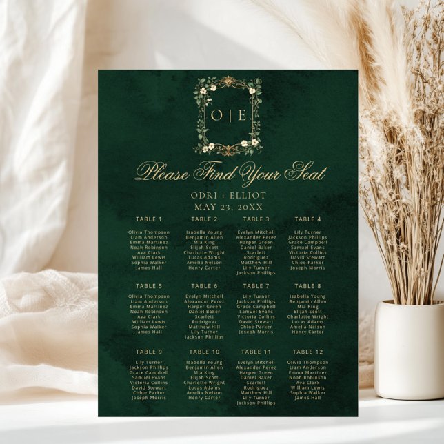 Vintage Crest Monogram Green Gold Wedding Seating Poster (Creator Uploaded)