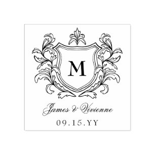 Vintage Crest Monogram Names & Wedding Date Rubber Stamp