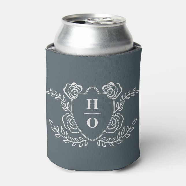 Vintage Crest Monogram Wedding Can Cooler (Can Front)