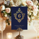 Vintage Crest Navy Blue Faux Gold Elegant Wedding Table Number<br><div class="desc">An elegant wedding table number with a vintage air and navy and gold wedding colours. The number is in an antique ornate crest from faux gold foil, on navy blue background. Under the crest, the names of the bride and groom and the wedding date are written in caps. All text...</div>