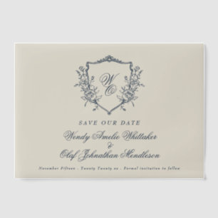 Vintage Crest Navy Cream Monogram Save The Date Vellum Invitations