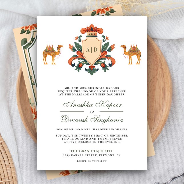 Vintage Crest Royal Camel Indian Hindu Wedding Invitation (Creator Uploaded)