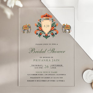 Vintage Crest Royal Elephant Indian Bridal Shower Acrylic Invitations