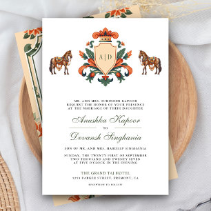 Vintage Crest Royal Horse Indian Hindu Wedding Invitation