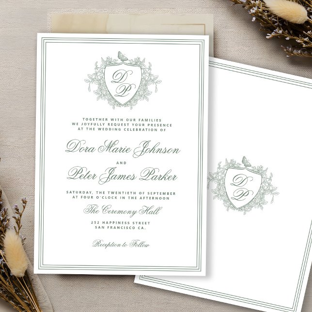 Vintage crest sage green monogram wedding invitation (Creator Uploaded)