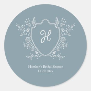 Vintage Crest Script Monogram Blue Bridal Shower Classic Round Sticker