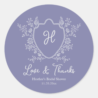Vintage Crest Script Monogram Purple Bridal Shower Classic Round Sticker