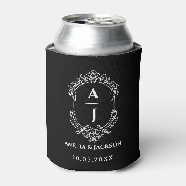 vintage crest wedding, monogram  floral can cooler (Can Front)